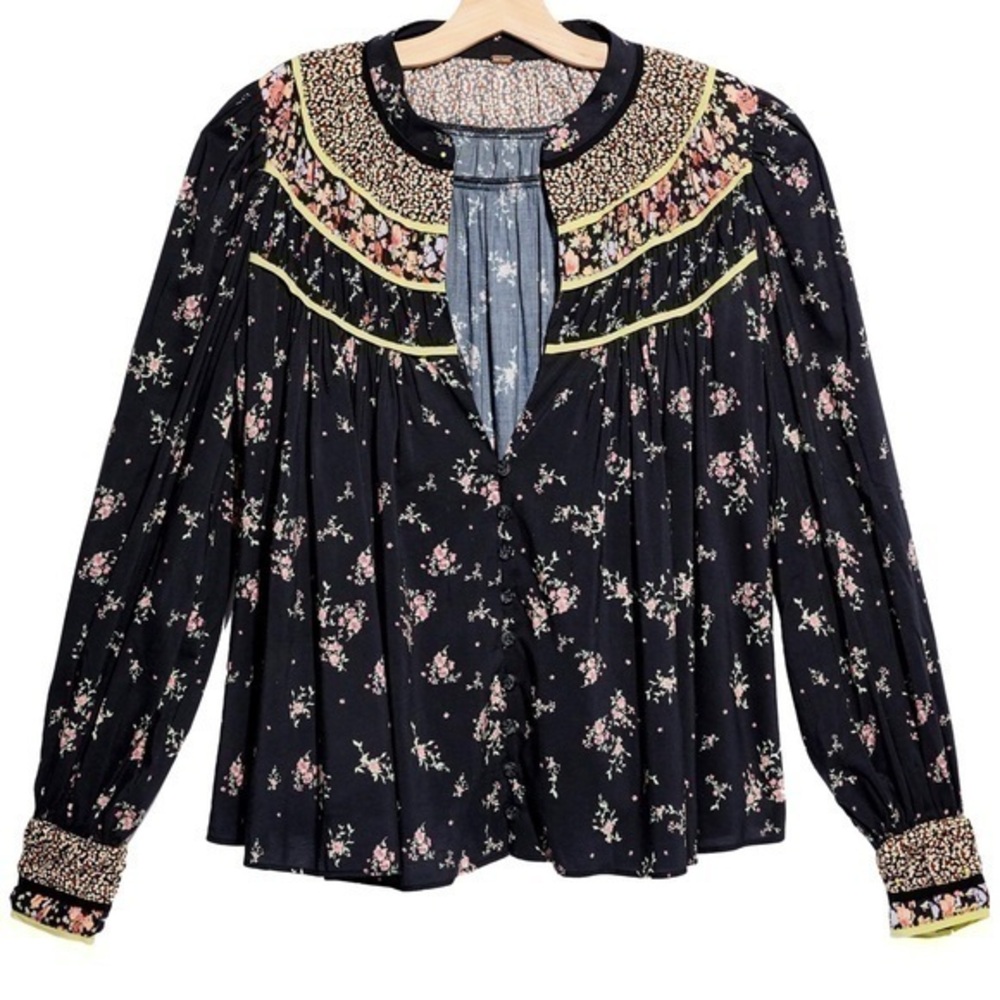 Free People Paloma Print Top Floral Peasant Cottagecore Boho Vintage Vibe Blouse